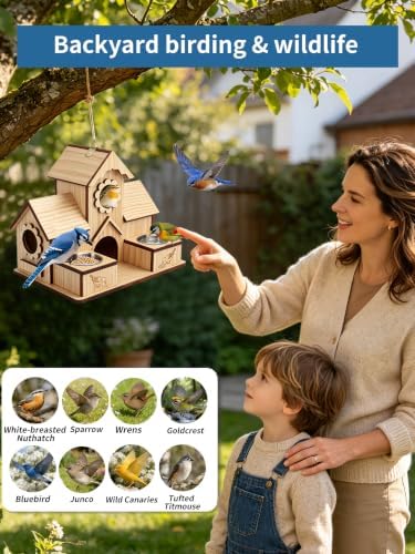 4-Hole Birdhouse for Outside with Feeding Tray, Cedar Wood