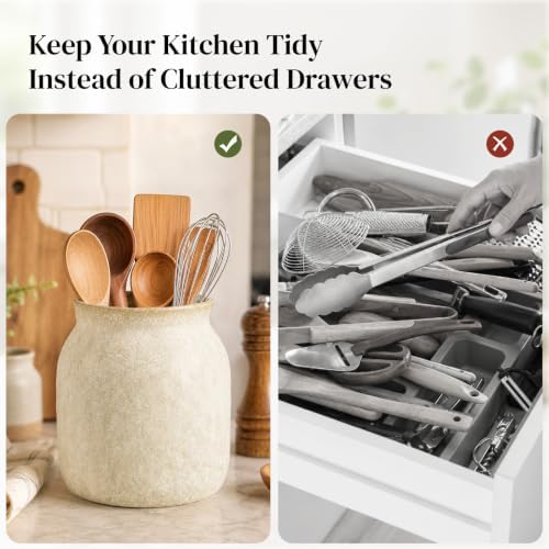 DOWAN 7 '' Ceramic Utensil Holder for Kitchen Counter, Light Beige Gray