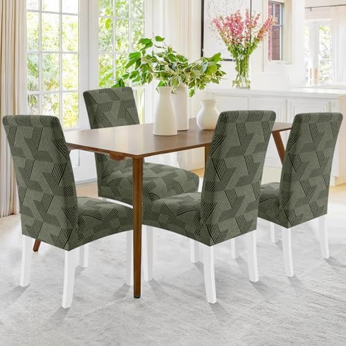 JIVINER Stretch Dining Chair Slipcovers Set of 2, Geometrical Jacquard Dining Chair Covers, Washable Kitchen Chair Covers for Dining Room, Hotel, Party, Army Green
