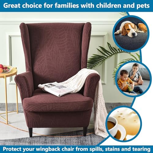 2 Piece Wingback Chair Cover Stretch Jacquard Wing Back Chair Slipcover with Armrest Washable Furniture Protector for Armchair Living Room Bedroom