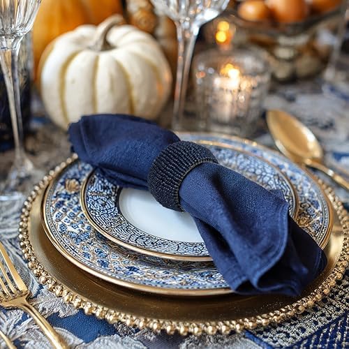 COTTON CRAFT Glitz Handmade Beaded Napkin Rings - Set of 12 - Navy