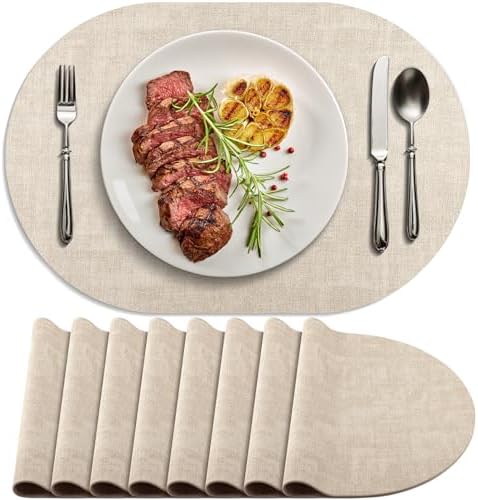 Faux Leather Oval Placemats Set of 8, Beige