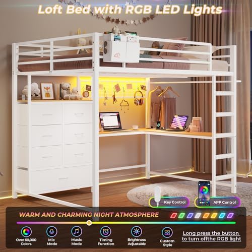 DICTAC Full Loft Bed with L-Shaped Desk and 7 Storage Drawers, Metal Full Size Loft Bed for Teen with LED Lights and Charging Station,13.11" H Safety Guardrail and Ladder,No Box Spring Needed, White