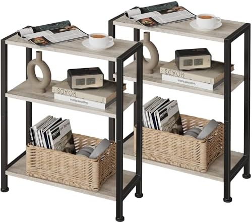 3-Tier Side Table Set of 2, Small End Table, Sofa Side Table for Narrow Spaces, Slim End Table, Nightstand Table, for Living Room Bedroom Office, Greige
