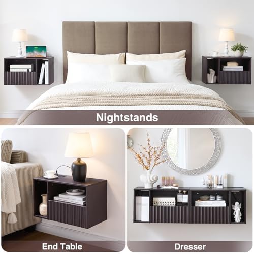 BuildHom Floating Nightstand Set of 2 with Charging Station, Espresso