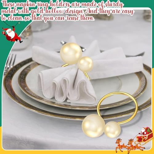 Sliner 24 Pcs Pearl Napkin Rings, Gold Table Napkin Holder Buckles for Dinning Table Setting Christmas Wedding Party Supplies
