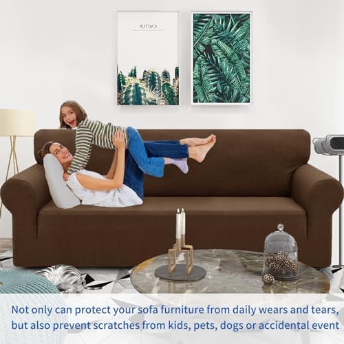 ZNSAYOTX 1 Piece Jacquard Couch Covers for 3 Cushion Couch Living Room High Stretch Sofa Cover Pets Dogs Friendly Anti Slip Thickened Slipcovers Furniture Protector (Large, New Pattern Coffee)