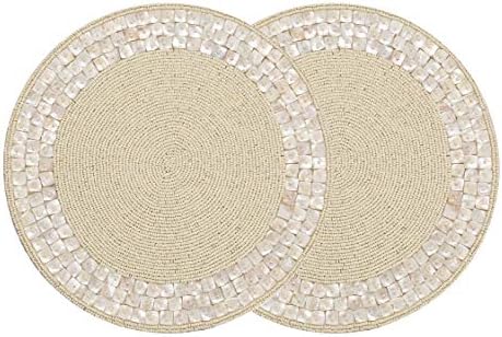 ALPHA Living HOME Ivory Beaded Placemat 13 Inch Round Glass Bead Dining Mat