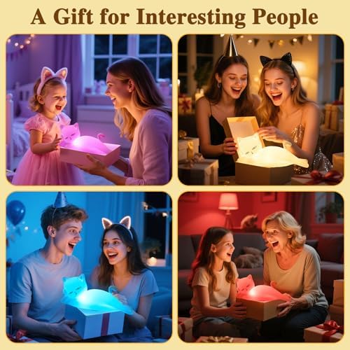 Lying Cat Lamp Funny Gifts, 16 Colors+5 Dimming+Silicone Random Stuff, Touch+Remote+Recharge Night Light, Unique Cool Lamp,Cute Weird Stuff, Squishy Cat White Elephant Gifts for Women/Men/Teens/Kids