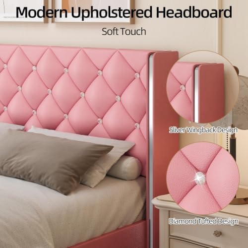 HOMBCK Twin Bed Frame with Leather Headboard, Silverside Wingback, Pink