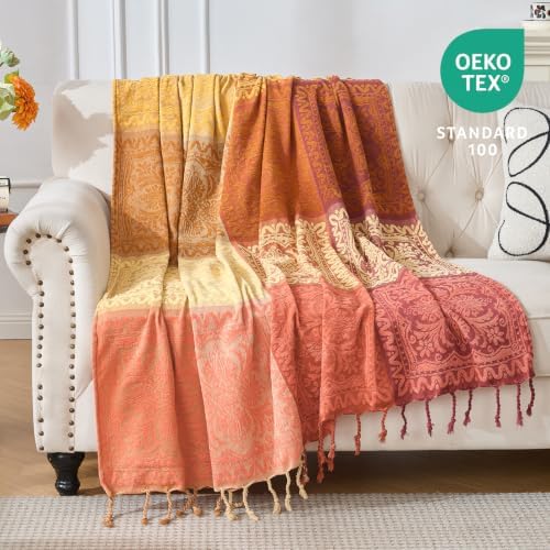 Boho Throw Blanket, Chenille Jacquard Couch Throw with Tassels