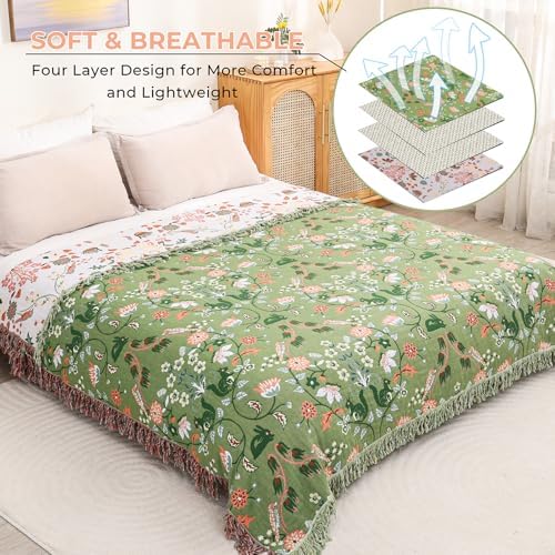 100% Cotton Light Green Boho Throw Blanket for Bed Gift 60"x80"