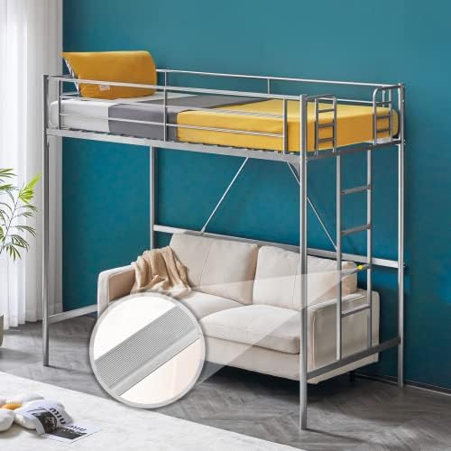 VINGLI 71 Inches Tall Loft Bed Twin Size with Flat Ladder Rung for Kids Teens Adults Heavy Duty Metal Single Bunk Bed Loft with Safety Guard Rails for Small Space, Gray