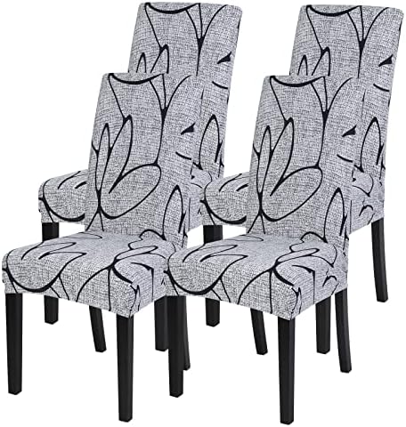 SearchI Dining Room Chair Covers Set of 4, Stretch Printed Parsons Chair Slipcovers Spandex Removable Washable Kitchen Chair Protector Cover for Dining Room, Hotel, Ceremony (Grey Lotus+White Texture)