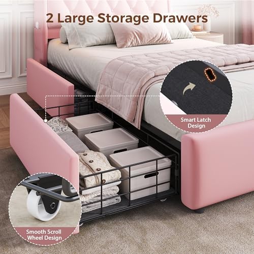 Jocoevol Twin Size Bed Frame with 2 Storage Drawers & Hidden Headboard
