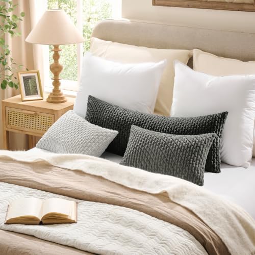 Kevin Textile Soft Corduroy 12"x20" Lumbar Pillow Covers 2 Pack, Light Grey