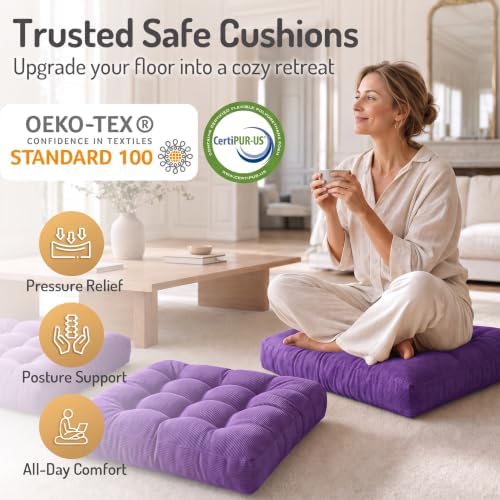 Degrees of Comfort Square Tufted Corduroy Floor Cushions, Large Pillows Seating for Adults, Meditation Pillow for Balcony Tatami Living Room, 22x22 Inch, Purple