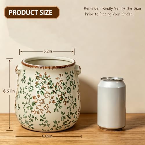 Rustic Ceramic Utensil Holder, Green Floral Farmhouse Counter Crock
