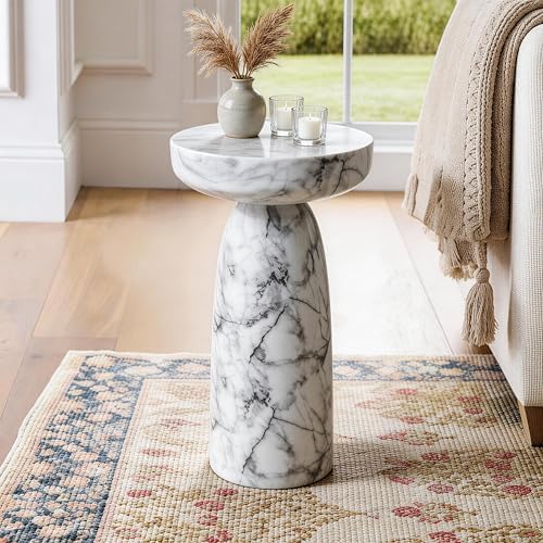 Faux Marble Side Table, 24Inch Outdoor End Table Pedestal