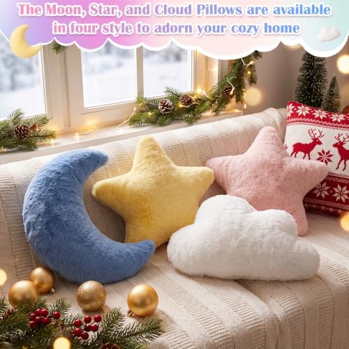 4 Pcs Plush Cloud Star Moon Throw Pillow Set, Blue, White, Pink, Yellow