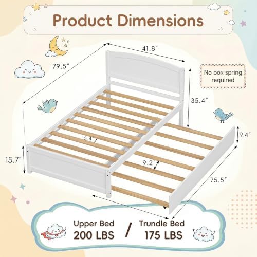 Daybed with Trundle, Twin Size Pull Out Bed, Solid Wood Extendable Day with Trundle Bed Twin, Include Slat Support (White, Trundle)