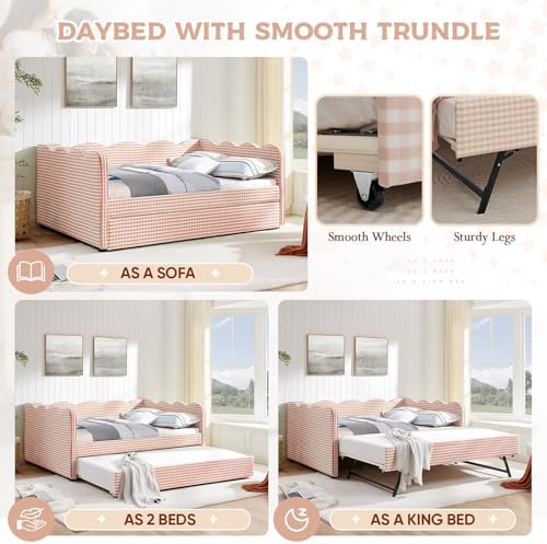 Full Size Daybed with Pop Up Trundle, Linen Gingham Full to King Daybed with USB Ports, Upholstered Day Bed Frame, Modern Sofa Bed for Living Room/Bedroom/Guest Room, No Box Spring Needed, Pink