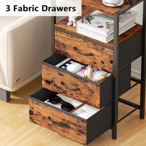 Furnulem Night Stand with Charging Station, Tall Nightstand, LED Lights