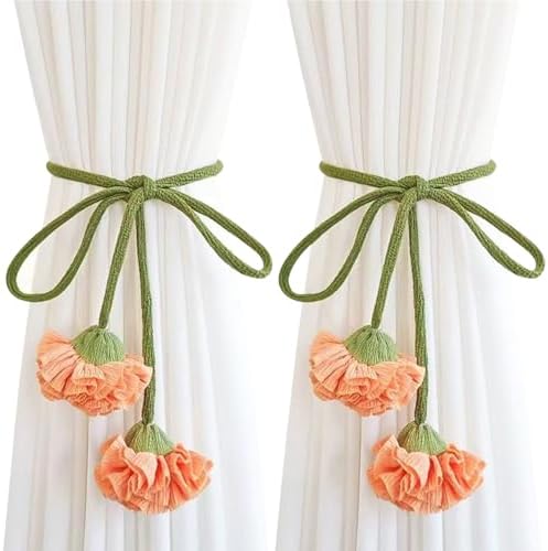 Handmade Curtains Tiebacks, Boho Flower Curtain Tie Backs Curtain Holder Tie Backs for Curtains Braided,Cute Flower Curtain Ties Decorative Rope for Bedroom Window Treatment (Orange)