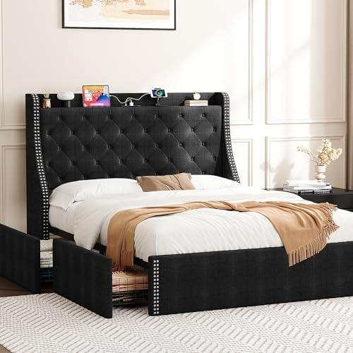 Upholstered Full Bed Frame with 4 Storage Drawers，Wingback Headboard with Charging Station, Diamond Stitched Button Tufted Design, No Box Spring Needed, Black