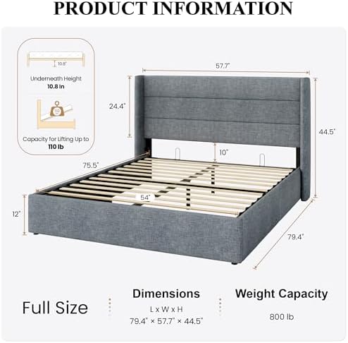 SHA CERLIN Full Size Lift Up Hydraulic Storage Bed Frame Blue Grey