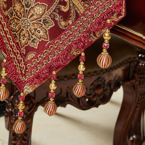 Luxury Vintage Table Runner 48 inches Long Embroidery Jacquard Fabric with Multi-Tassels Table Runners for Dining Room Dresser Wedding Christmas Thanksgiving Party Decorations (Red, 12X48inch)