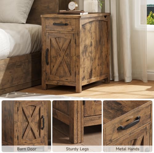 ONBRILL Farmhouse End Table with Charging Station,Rustic Brown