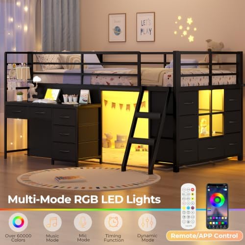 Low Loft Bed Twin Size with Desk, 12 Storage Drawers, Window, Black