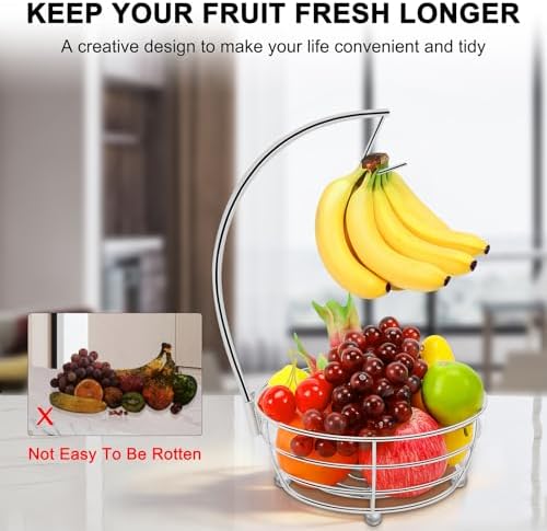 Livabber Countertop Fruit Basket Bowl with Banana Hanger, Modern Standing Fruit Vegetable Bowl Storage, with Banana Tree Holder for Kitchen Dinning Table (Round Metal, Chrome)