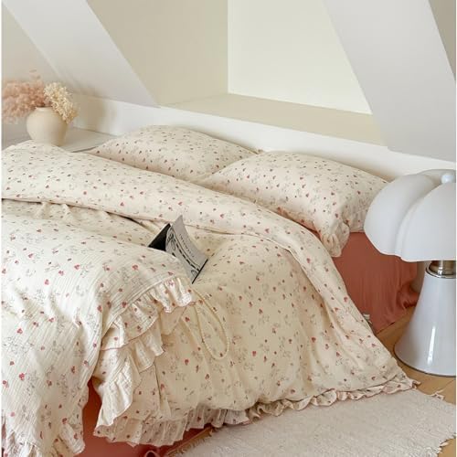 Rabbit Floral Muslin Duvet Cover Full with Ruffles, No Pillows