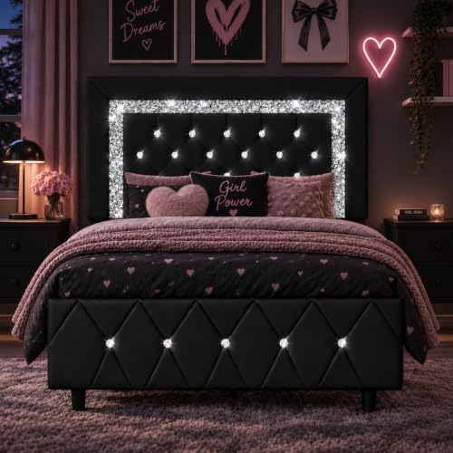 Twin Bed Frame with Headboard, Upholstered Bed with Diamond Tufted Design
