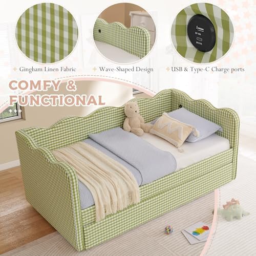 Twin Size Daybed with Pop Up Trundle, Linen Gingham Twin to King Daybed with USB Ports, Upholstered Day Bed Frame, Modern Sofa Bed for Living Room/Bedroom/Guest Room, No Box Spring Needed, Green