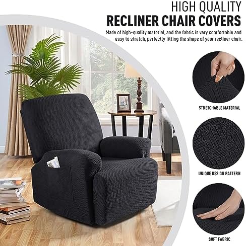 KinCam Recliner Chair Covers, Stretch Reclining Cover, Black