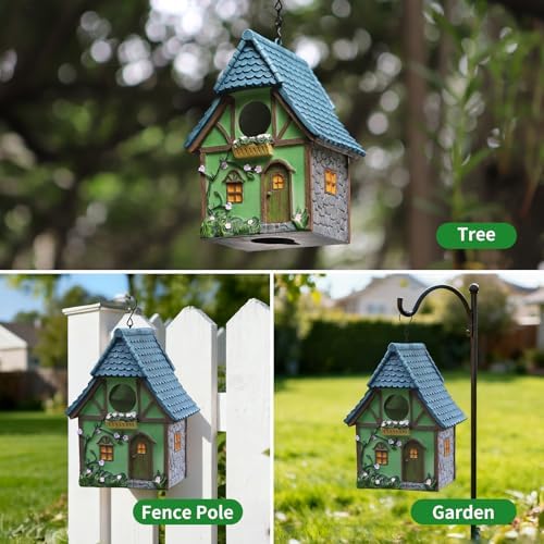 Bird Houses for Outside Cottage Garden Birdhouse –Green Resin Birdhouses for Outdoors with Flower and Stone Details for Bluebird Finches Cardinals Bird Nesting Garden, Patio, Yard