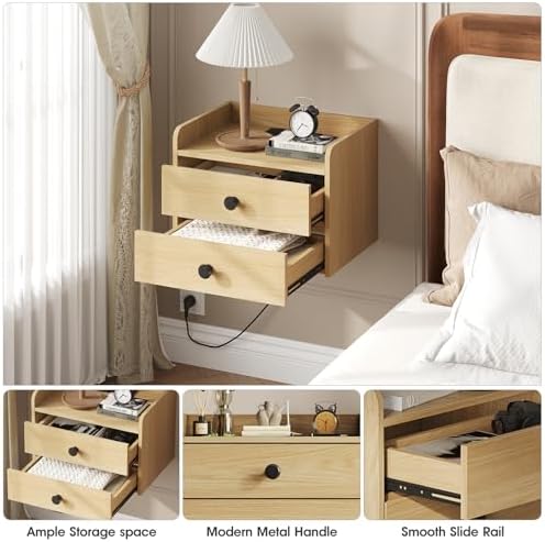 Floating Nightstand Set of 2 with 2 Storage Drawers and Charging Station