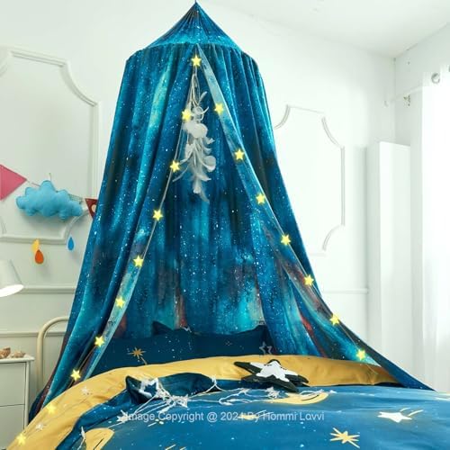 Hommi Lovvi Galaxy Print Kids Bed Canopy, Girls Princess Canopy Dreamy Room Decor, Soft Hanging Reading Nook Play Tent Canopy, Extra Large Full Size Bed Canopy with String Light