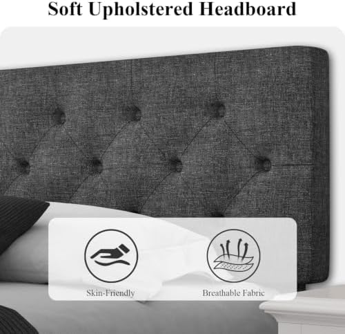 HOMBCK King Size Bed Frame, Upholstered Bed with Headboard, Dark Grey