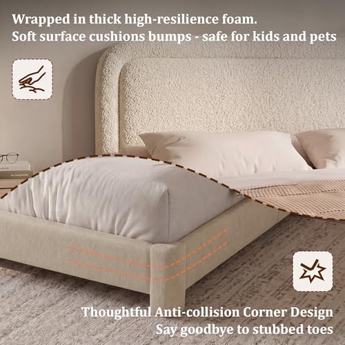 Vipbear Boucle King Size Bed Frame with Adjustable Headboard, Upholstered Cloud Platform Bed Frame with Wood Slats, Noise-Free King Bed, No Box Spring Required, Easy Assembly, Beige