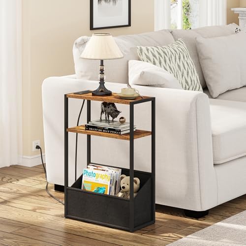 TUTOTAK Narrow Side Table with Charging Station, Slim End Table