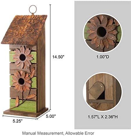 Glitzhome Bird Houses for Outside, 14.45" H Wooden Garden Hanging Bird House Two-Tiered Distressed with Flowers Decorative Birdhouse for Outdoors
