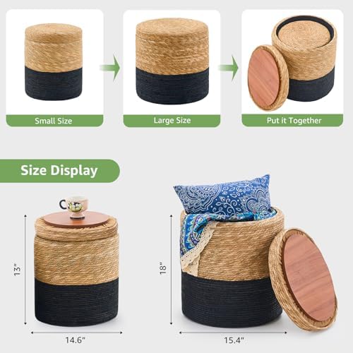 Nested White Round Pouf Ottoman Handwoven Natural Grass Pouffe Rattan Stool