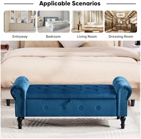 Storage Bench 51" Velvet End of Bed Benches Navy Blue