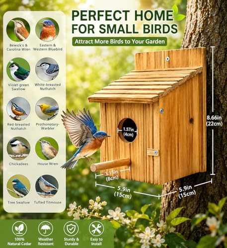 NATUREYLWL Wooden Birdhouse with Lift-Up Front Cleaning Door