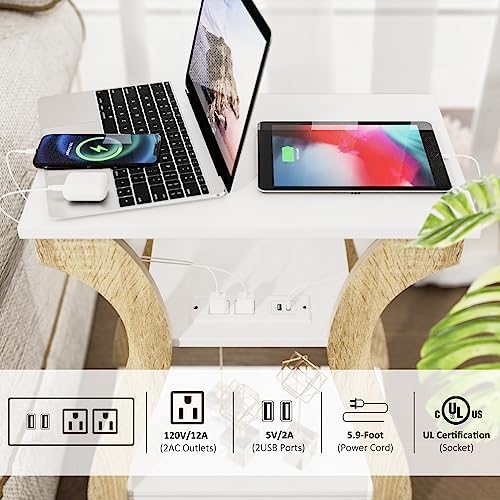 FROMJBEST End Tables Living Room, End Table with Charging Station,White&Oak