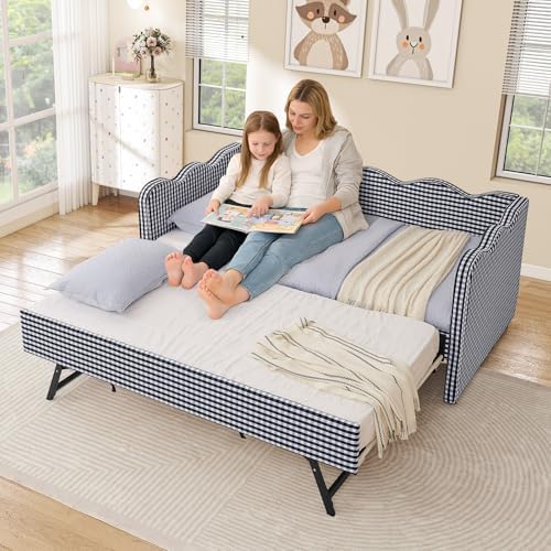 Twin Size Daybed with Pop Up Trundle, Linen Gingham Twin to King Daybed with USB Ports, Upholstered Day Bed Frame, Modern Sofa Bed for Bedroom/Living Room/Guest Room, No Box Spring Needed, Navy